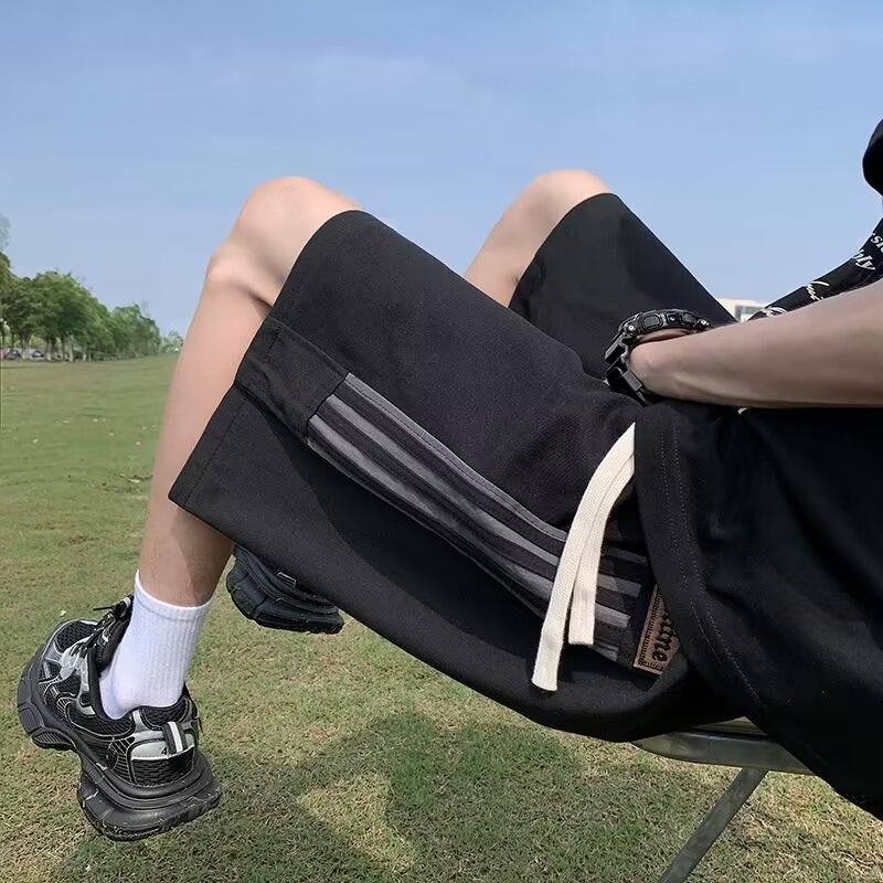 美式三条杠条纹冰丝短裤男士夏季新款运动篮球速干五分休闲中裤子