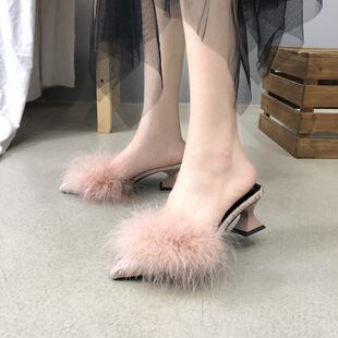 包头半拖鞋女外穿2026新款网红凉拖女时尚毛毛细跟百搭高跟穆勒拖