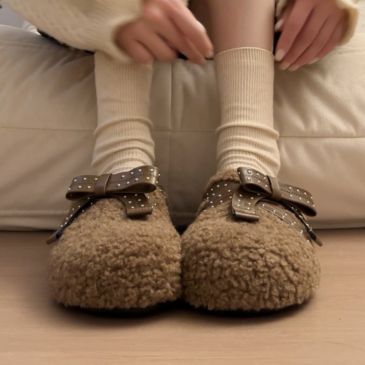 可爱蝴蝶结毛毛厚底包头单鞋女