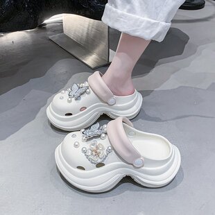 6cm增高包头凉拖鞋 2025新款 女 沙滩蝴蝶花朵厚底洞洞鞋 踩屎感夏季