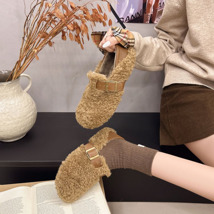 冬季毛绒平底豆豆鞋一脚蹬懒人鞋