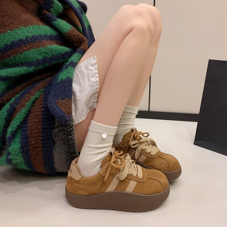 拼色双鞋带复古绒面娃娃头德训鞋