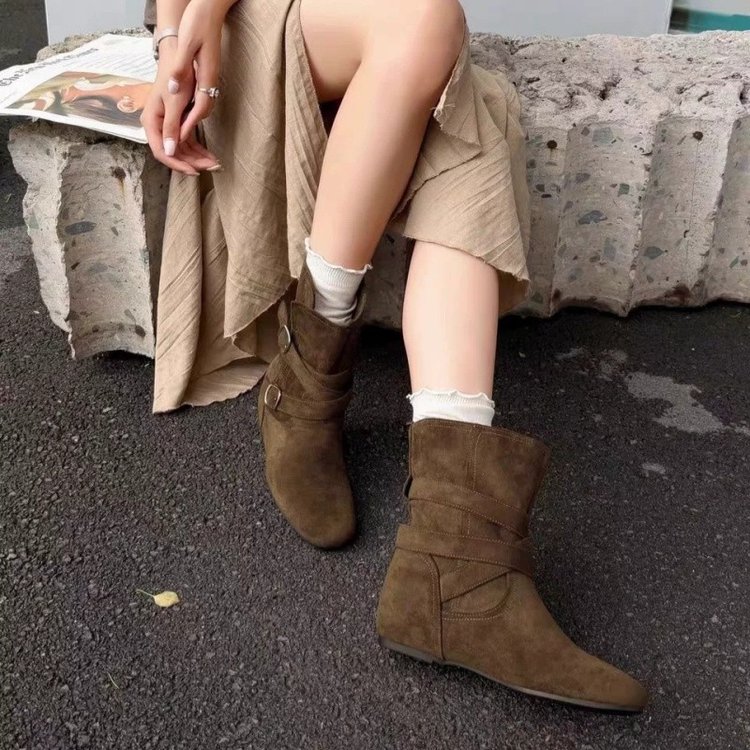 内增高复古短靴女2026秋冬新款西部套筒马丁靴圆头短筒勃肯堆堆靴