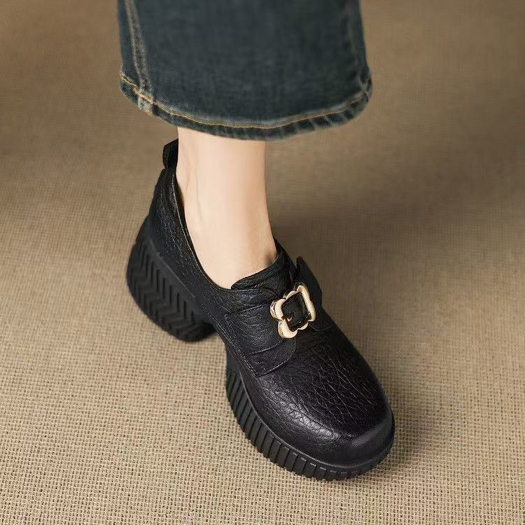 厚底小皮鞋女春秋复古一脚蹬乐福鞋松糕底小个子增高粗跟深口单鞋,女鞋,深口单鞋,淘宝优惠券,粉丝福利购,淘宝优惠卷