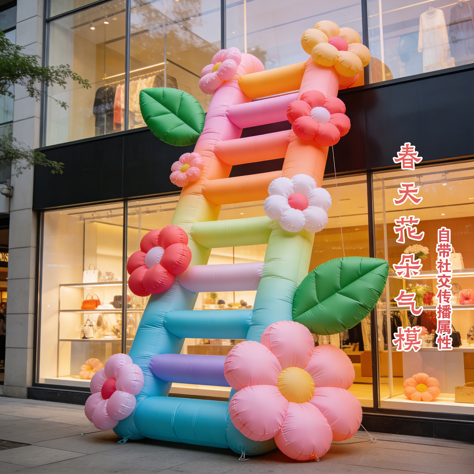 春天梯子充气花朵气模定制景区卡通大型毛绒花朵商场美陈装饰悬挂