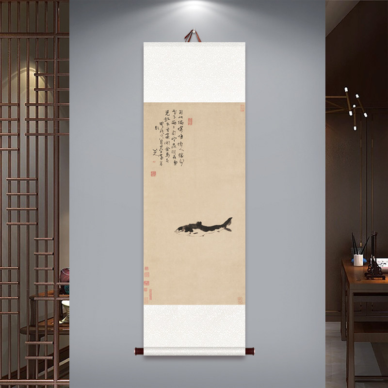 八大山人朱耷国画游鱼杨柳浴禽图禅意中式卷轴挂画挂轴古画古风