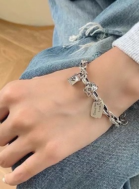 银手链纯银手链女韩版冷淡风个性复古泰银做旧老花锁头情侣送礼