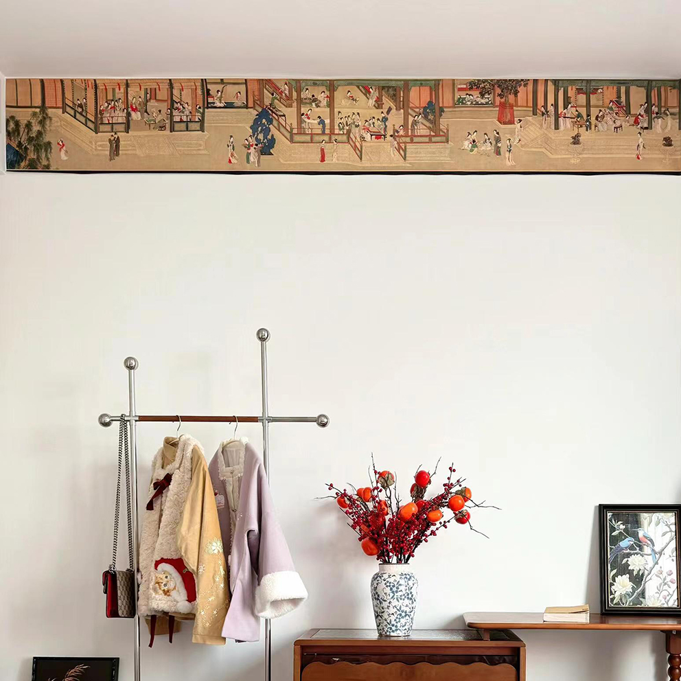 新中式明清古典餐厅墙面装饰仇英汉宫春晓图腰线画中古风定制壁画图片