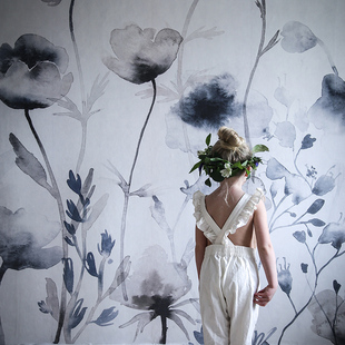 Morangen个性 定制无缝壁画蓝色水墨花卉北欧美式 客厅玄关卧室墙布