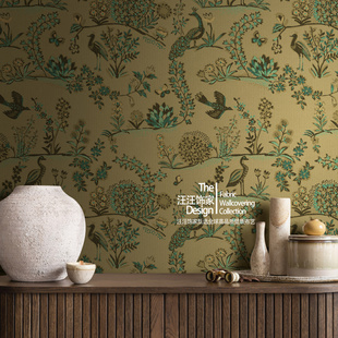 Q 2026新款高级感墙布复古法式中国风孔雀丛林金色无缝中古风壁布