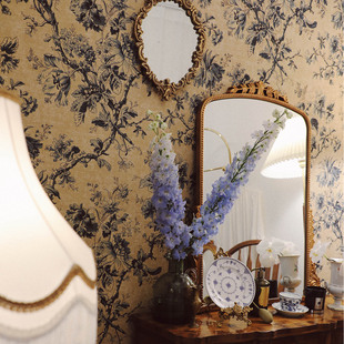 D复古中古墙纸定制无缝墙布壁画蓝色大花定制卧室背景墙壁纸