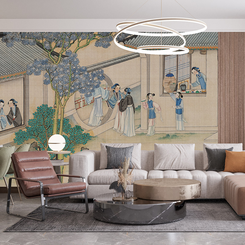 新中式古典国画风景图 红楼梦插画背景墙纸 无缝墙布壁画个性定制