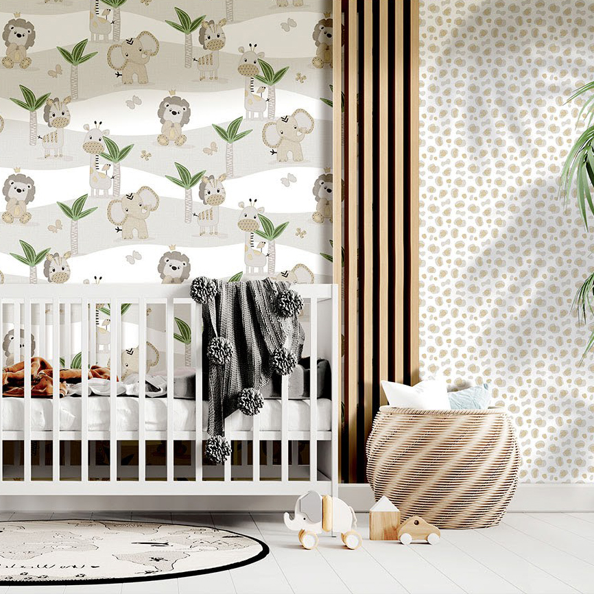 意大利进口正品壁纸mondo baby小狮子小象长颈鹿斑点儿童房墙纸