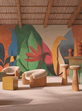 法国原装进口墙纸壁纸 NAHUA 手绘植物彩色大型壁画 客厅背景墙