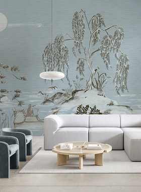 Reflected in the moonlight  新中式山水月色客厅无缝壁画定制