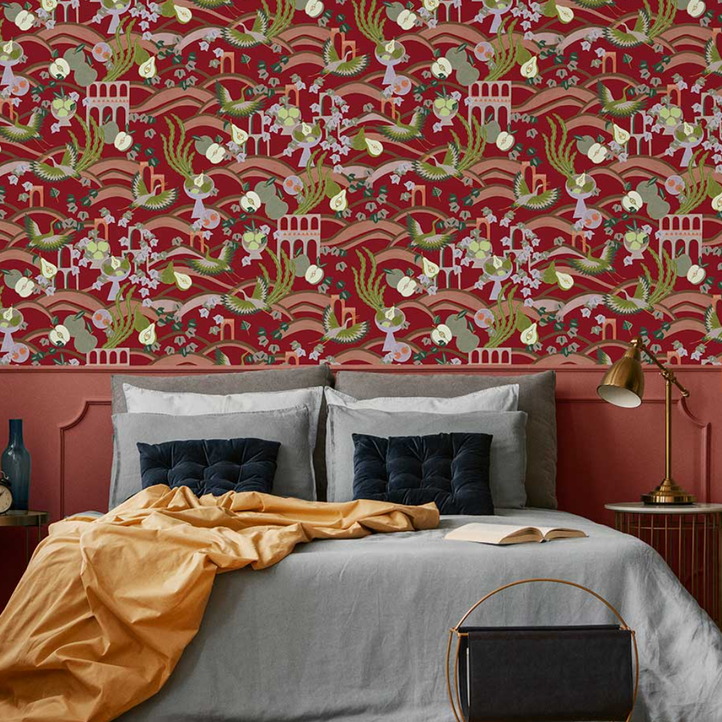 中古风复古抽象山丘仙鹤拱门壁纸