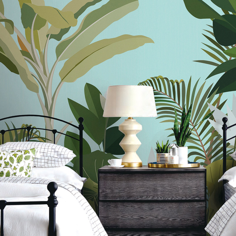 绿衣 现代美式简约绿色植物叶子壁画 儿童房卧室背景墙纸沙发壁纸