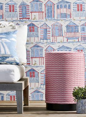 英国Sanderson原装进口墙纸 216559蓝色海滩小屋儿童房卧室壁纸