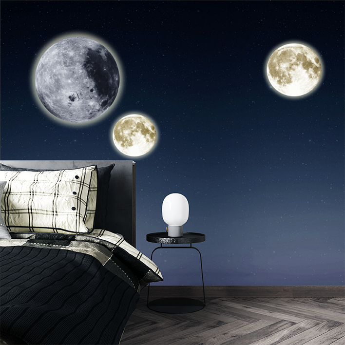现代简约轻奢月球星空背景墙 儿童房3d效果主题民宿卧室定制壁画