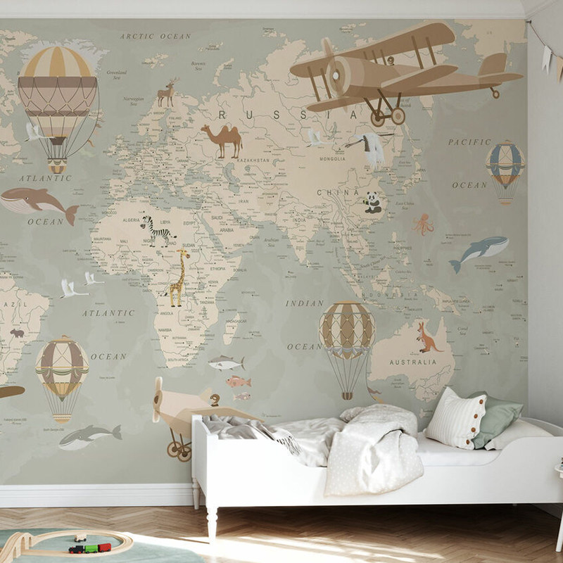瑞典进口壁画 explorer map 探索地图 卡通动物 儿童房卧室背景墙