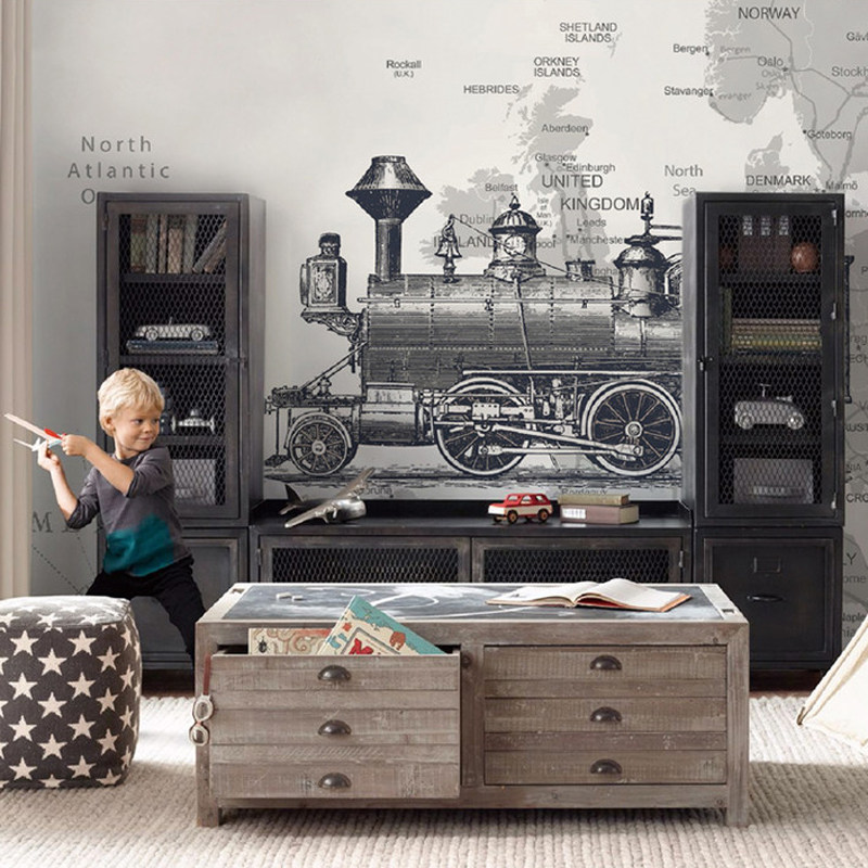 机车时代北欧现代定制壁画儿童房卡通书房卧室背景墙纸loft蒸汽机