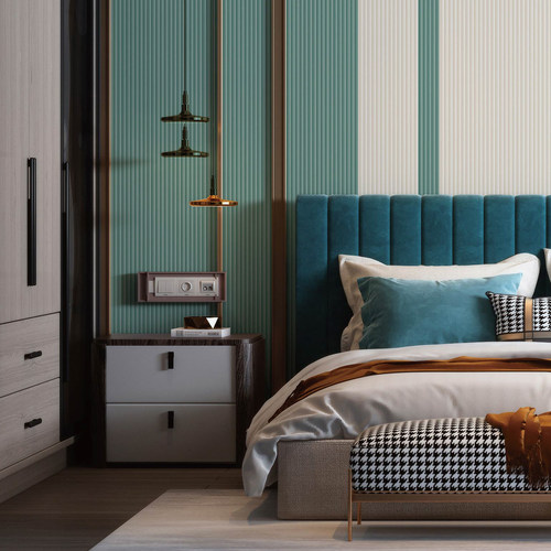 3D软包墙纸 现代轻奢隔音客厅卧室背景墙壁纸 竖条天鹅绒面料墙布