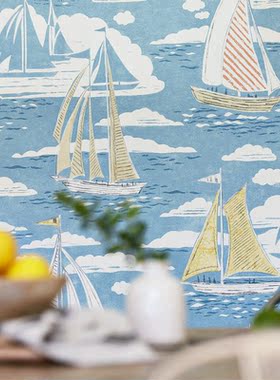 英国Sanderson原装进口墙纸 216571蓝色帆船儿童房卧室卡通壁纸