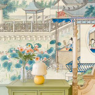 新古典仕女风景图新中式背景墙纸红楼梦插画无缝墙布壁画个性定制