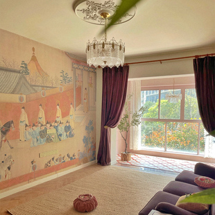 新古典国画仕女风景图 红楼梦人物新中式背景墙纸 壁画个性定制