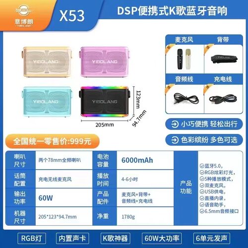 意博朗X53无线蓝牙音响60W功率直播内录K歌混响乐器直连插TF卡U盘