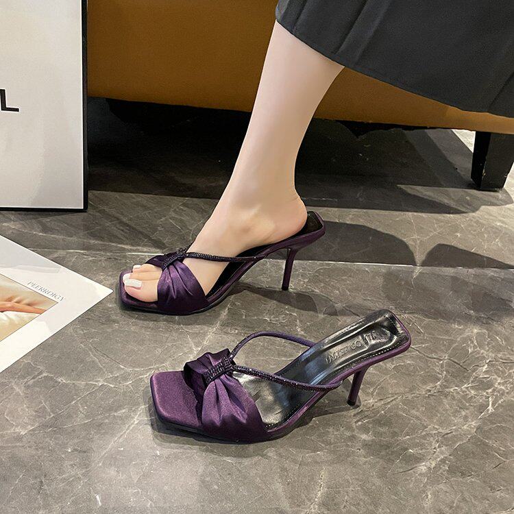 2026夏季方头裸鞋增高水钻一字带高跟凉拖凉鞋细跟半拖鞋外穿女