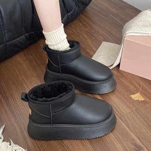 加绒加厚舒适保暖皮面防水棉鞋 厚底增高白色雪地靴女2025新款 冬季