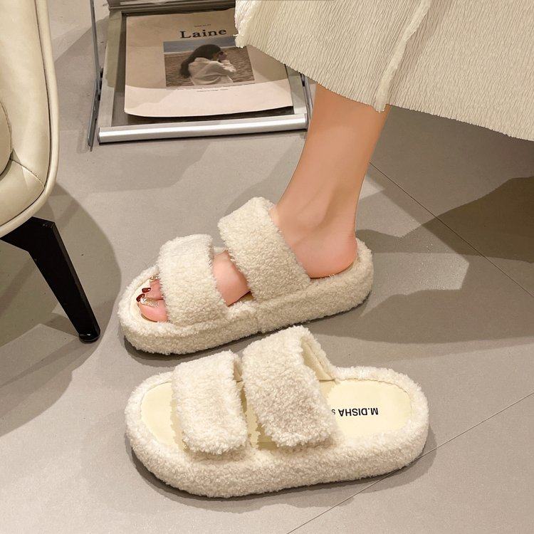 羊羔毛魔术贴拖鞋女外穿2025秋冬新款韩版厚底家居一字棉拖鞋女鞋,女鞋,一字拖,淘宝优惠券,粉丝福利购,淘宝优惠卷