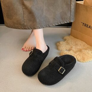 内增高灰色毛毛鞋女外穿2025秋冬厚底勃肯鞋加绒厚底包头半拖棉鞋