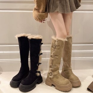 厚底两穿毛毛雪地靴女2025冬季 显瘦东北靴子高筒加绒不过膝长筒靴