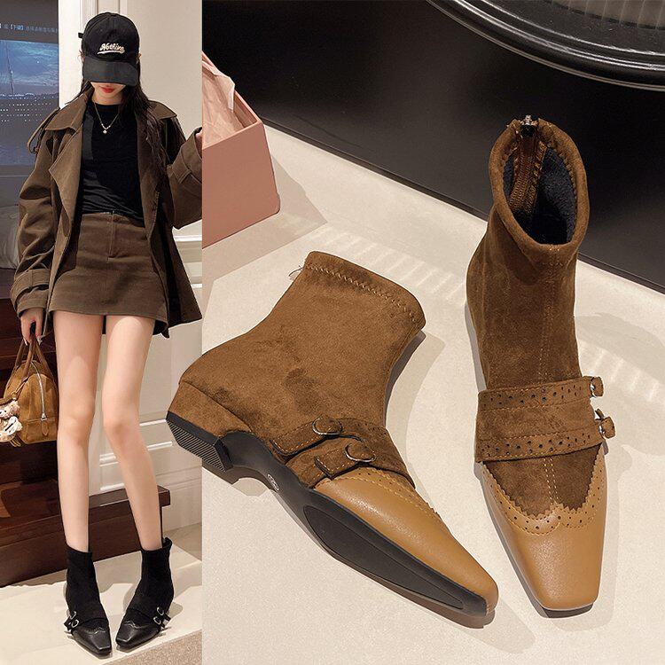 韩版粗跟绒面方头短靴女2025秋冬新款皮带扣短筒靴后拉链瘦瘦靴女