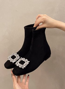 法式小短靴女2025秋冬新款方扣水钻弹力靴低粗跟方头加绒面瘦瘦靴