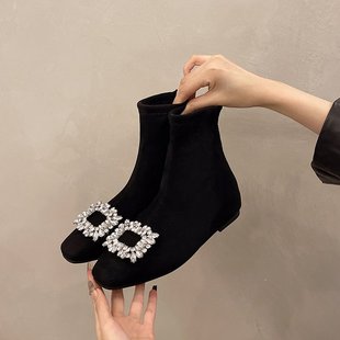 法式小短靴女2025秋冬新款方扣水钻弹力靴低粗跟方头加绒面瘦瘦靴