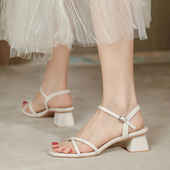 仙女风凉鞋 气质法式 少女粗跟学生细带子交叉简约罗马鞋 中跟女夏季