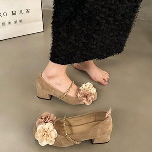 新中式浅口单鞋女中跟春秋复古绒面温柔仙女风法式气质粗跟玛丽珍