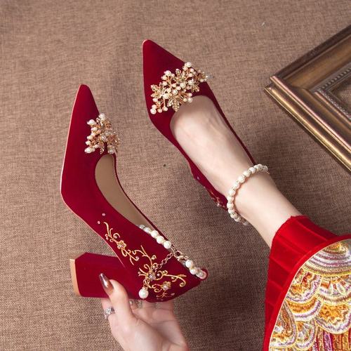 低跟孕妇不累脚红色高跟新娘鞋