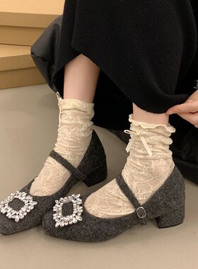 晚风灰色毛呢小香风玛丽珍鞋方头水钻高跟鞋加绒保暖浅口粗跟单鞋
