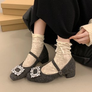 晚风灰色毛呢小香风玛丽珍鞋方头水钻高跟鞋加绒保暖浅口粗跟单鞋