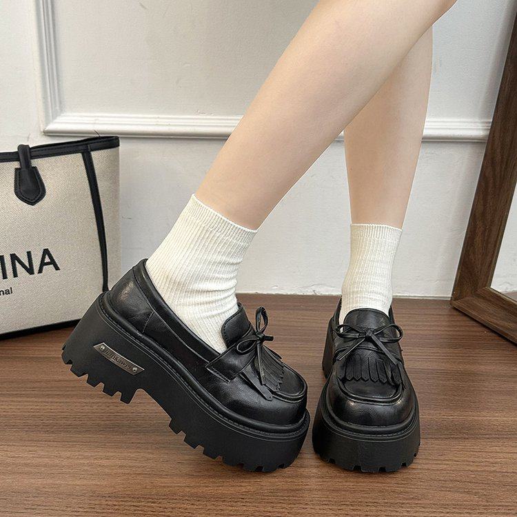 黑色流苏蝴蝶结乐福鞋女2026新款春季小个子一脚蹬厚底增高小皮鞋,女鞋,深口单鞋,淘宝优惠券,粉丝福利购,淘宝优惠卷