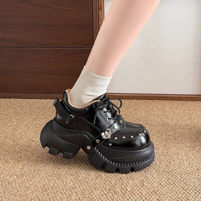 韩版厚底松糕深口高跟系带单鞋