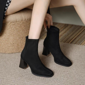 绒面粗跟高跟鞋 小短靴女2025秋冬季 切尔西中跟5cm圆头瘦瘦靴加绒