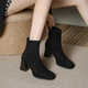 绒面粗跟高跟鞋 小短靴女2025秋冬季 切尔西中跟5cm圆头瘦瘦靴加绒