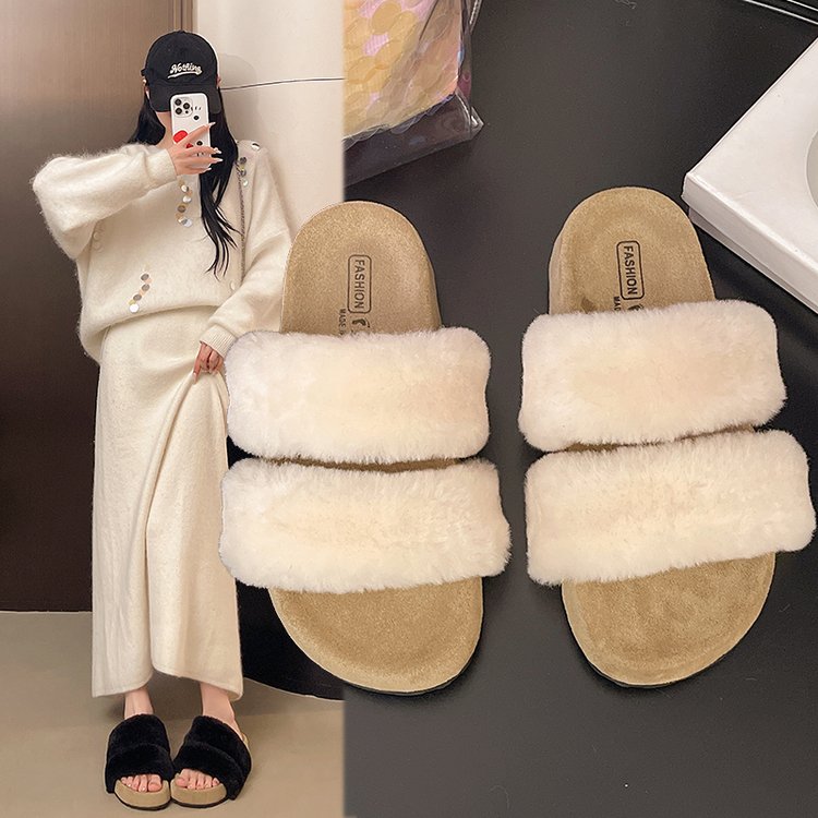 厚底毛茸一字棉拖鞋女外穿