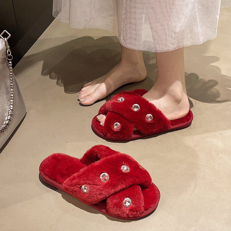 秋冬季新款兔毛棉拖鞋交叉带毛绒一字拖加绒毛毛拖鞋女居家室内