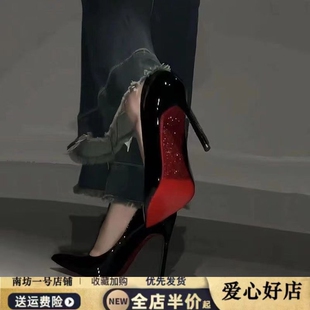 水钻红底高跟鞋女细跟春秋2025新款绝美性感婚鞋黑色漆皮尖头单鞋